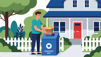 Man donating reusable clothing to charity rather than discarding it. Perfect for conscious consumer themes, sustainability messaging, and eco responsibility visuals