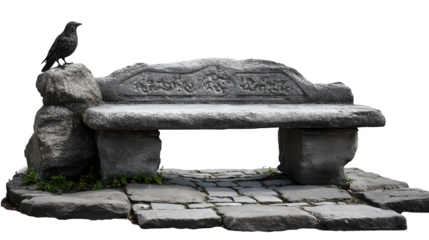 A stone bench adorned with a carved bird figure, overlooking a peaceful village scene, inviting contemplation, isolated on a Transparent background