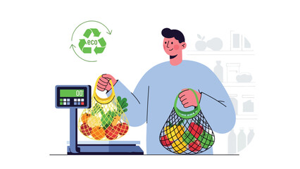 Person purchasing fresh food using reusable mesh produce bags. Ideal for plastic-free shopping, zero waste routines, and eco consumer awareness