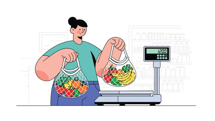 Person purchasing fresh food using reusable mesh produce bags. Ideal for plastic-free shopping, zero waste routines, and eco consumer awareness