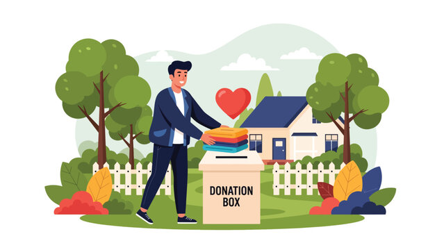 Man donating reusable clothing to charity rather than discarding it. Perfect for conscious consumer themes, sustainability messaging, and eco responsibility visuals