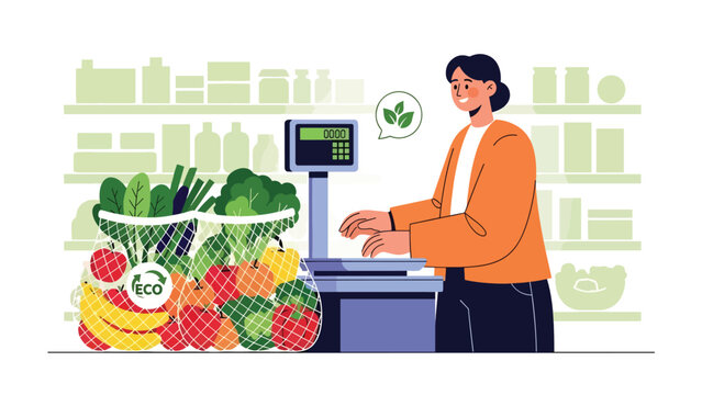 Person purchasing fresh food using reusable mesh produce bags. Ideal for plastic-free shopping, zero waste routines, and eco consumer awareness