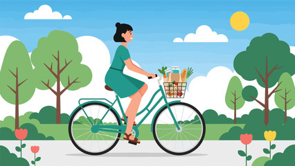 Woman riding a bicycle with a basket full of reusable groceries, promoting eco-friendly commuting and zero waste shopping habits