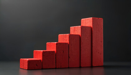 Red wooden blocks arranged as steps against dark backdrop. Concept image visualizes progress upward growth success. The graphic suitable for business finance education goals.