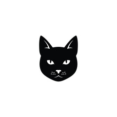 Black cat silhouette head with piercing eyes and whiskers on white
