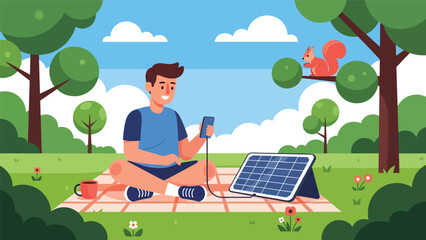 Man using solar powered charger outdoors while practicing sustainable zero waste living. Ideal for renewable energy education and eco lifestyle content