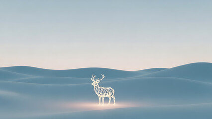 Glowing polygonal deer standing in a blue landscape with soft hills under a pastel colored sky