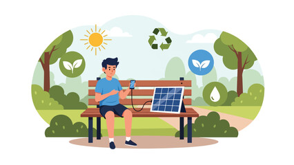 Man using solar powered charger outdoors while practicing sustainable zero waste living. Ideal for renewable energy education and eco lifestyle content