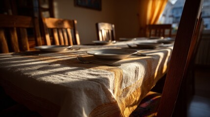 A cozy dining area is illuminated by warm afternoon light, highlighting a table set with plates and silverware. The inviting atmosphere suggests comfort, connection, and shared meals