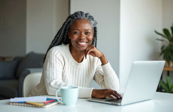 Happy senior african woman with grey braids works on laptop at home office. Confident mature black businesswoman enjoys remote job, looking at camera. Cheerful female freelancer studies online