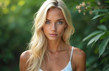 Fototapeta premium Beautiful young woman posing outdoor. Portrait of attractive blonde female with blue eyes. Pretty girl with long wavy hair in nature environment looks at camera.