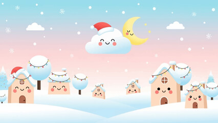 Cute Christmas cartoon landscape with smiling houses, cloud, moon, and snow.