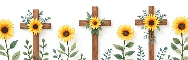 Watercolor illustration with crosses decorated with sunflowers, plants. Floral design suitable for Easter, Christening, Christian celebrations. Rustic decoration idea for greeting cards invitations.