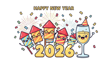 Naklejka premium Happy New Year 2026 illustration with fireworks, champagne glass, and confetti.