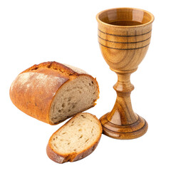Rustic wooden chalice and freshly baked bread evoke tradition, faith, and nourishment, perfect for religious, historical or culinary concepts with authentic appeal