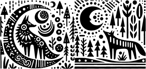 Monochrome folk art illustration of wolves moon and trees.