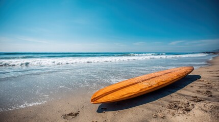 A wooden surfboard lies on the soft sand by the ocean gently lapped by waves. The clear blue sky enhances the beauty of the beach scene perfect for a day of surfing.
