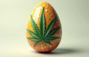 Decorated orange Easter egg with cannabis leaf on it. Green marijuana leaf on colorful egg. Concept of cannabis legalization, freedom. Easter holiday theme with weed symbol.