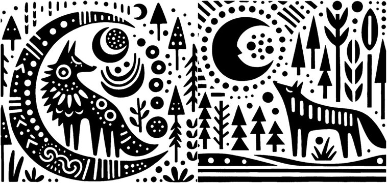 Monochrome folk art illustration of wolves moon and trees.