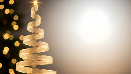 A christmas tree made of golden ribbon with a star on top and blurred bokeh lights on the background