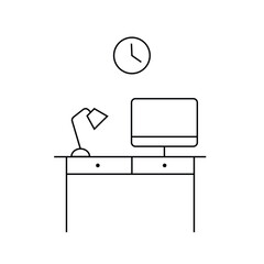 Minimal home office desk with computer and clock line art illustration.