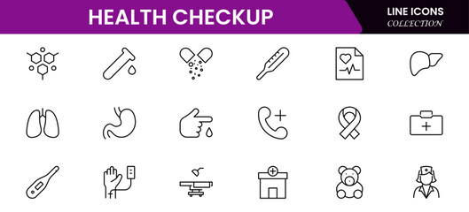 Health Checkup web icons in line style. Medicine, check up, doctor, dentistry, pharmacy, lab, scientific discovery, collection. Vector illustration.