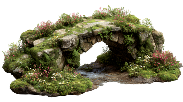 A stone bridge over a gentle village brook, covered in moss and edged with wildflowers, isolated on a Transparent background