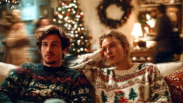 Tired couple on couch during Christmas, overwhelmed by holiday stress and rush, showing fatigue, tension and seasonal pressure