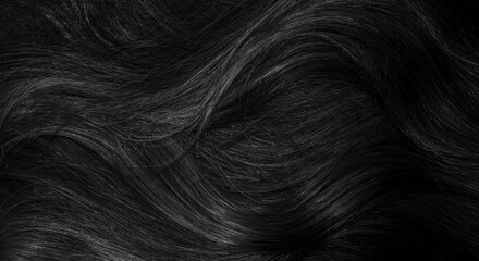 Brunette or black hair. Female long dark hair in black. Beautifully laid curls. Closeup texture in...
