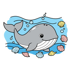 Cute cartoon grey whale swimming underwater with colorful seashells vector illustration. Adorable marine animal character design for kids with bubbles and blue waves.