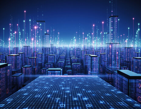 Abstract digital city with glowing data connections and network communication - Powered by Adobe