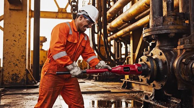 A diligent male worker in a hard hat and orange jumpsuit operates heavy industrial machinery on an oil rig, demonstrating dedication and expertise in a demanding professional setting.