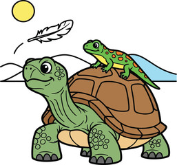 Cute cartoon turtle and lizard playing together vector illustration. Big tortoise giving a ride to small gecko friend on shell with floating feather and sun.