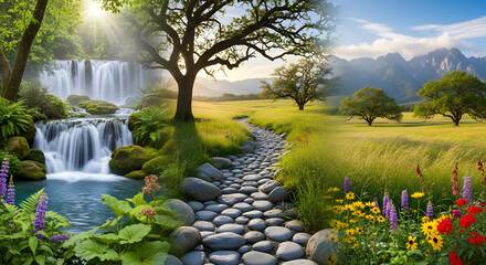 Beautiful Colorful Landscape with Trees Flowers and Waterfall