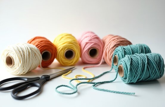 Photo featuring colorful cotton cords scissors for macrame crafting. DIY handicraft supplies textile craft creative hobby. Various colored thread bobbins for handmade project materials
