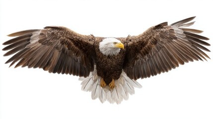 Fototapeta premium A bald eagle soars gracefully with outstretched wings. The bird's keen eyes scan the ground below ready to catch its next meal. The scene highlights its majestic feathers and strength.