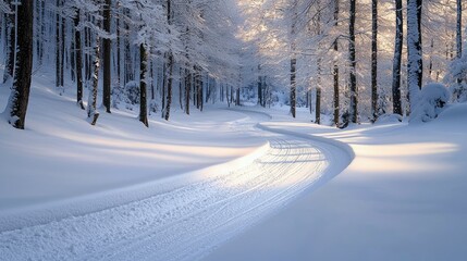 A winding path through a snow-covered forest on a sunny winter day, with trees laden with snow and bright sunlight.