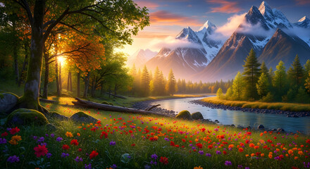 Beautiful Colorful Landscape with Trees Flowers and Waterfall