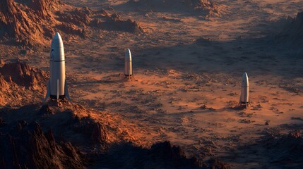 Futuristic rockets on a barren alien planet at sunset, exploring new frontiers in space.