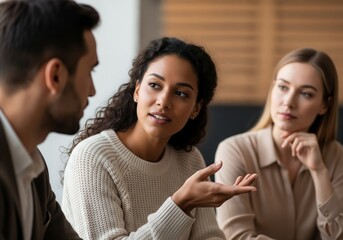Diverse young team in casual clothes having animated discussion in cozy modern office
