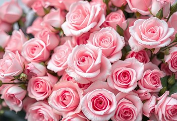 Naklejka premium Soft blush pink roses fill the frame, creating a romantic backdrop, backdrop, nature