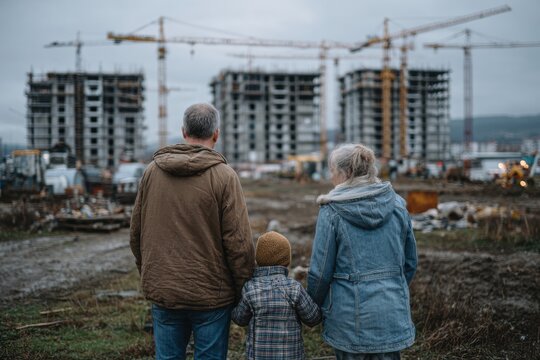 Familie steht von hinten vor Gro&szlig;baustelle mit Hochh&auml;usern und Kr&auml;nen
