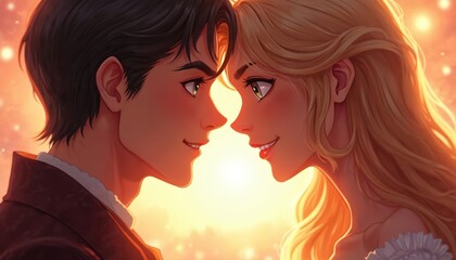 Young man and woman gaze at each other in loving embrace. Their faces are close, illuminated by warm sunset glow, hinting at romance and deep connection. Stylized illustration evokes fairy tale magic.