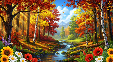 Beautiful Colorful Landscape with Trees Flowers and Waterfall