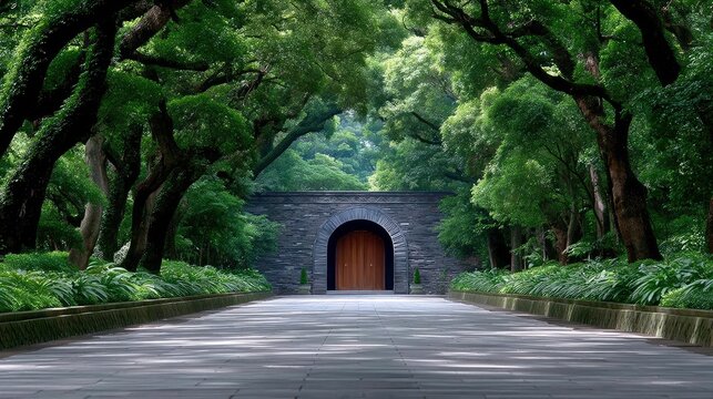 A paved pathway leads towards a stone archway with wooden doors, flanked by dense green trees and manicured foliage. Sunlight filters through the leaves, creati - Powered by Adobe