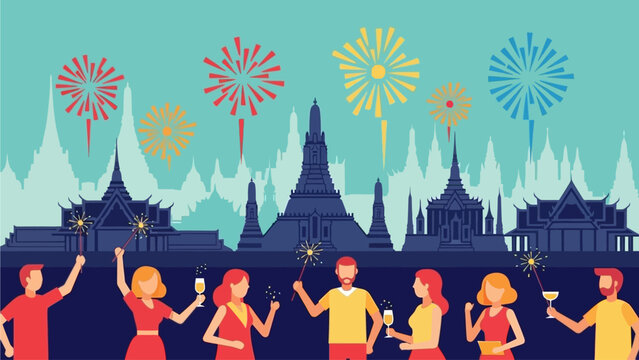 A diverse team of professionals celebrating the launch of their successful digital business model with a festive party and fireworks over an iconic city skyline