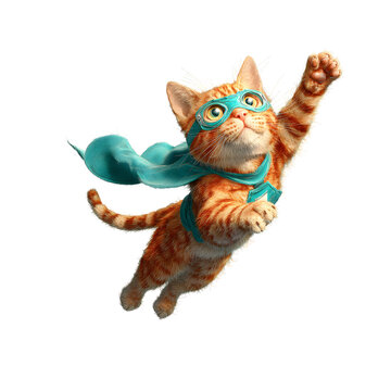 Flying superhero cat with teal cape and mask, isolated on transparent background