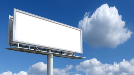 Fototapeta premium Under a vast blue sky, soft clouds drift by, highlighting a blank billboard standing tall. This scene captures a moment of potential, inviting creativity and new ideas