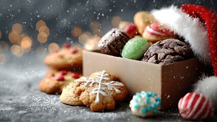 Festive Food Box with Santa Hat in Snowy Scene