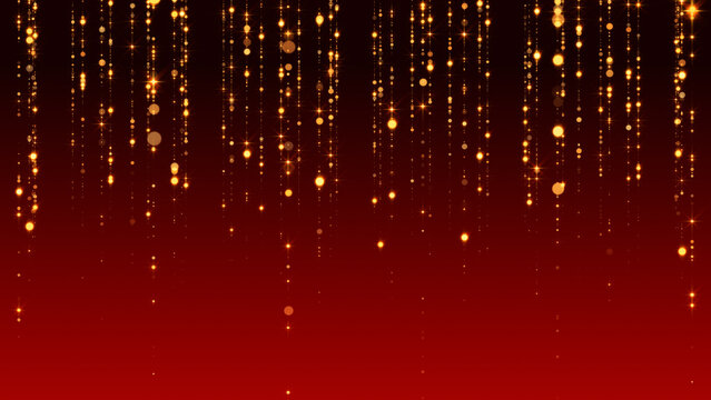 golden strings shiny and glittering particles on red background, abstract luxury christmas and new year celebration social media design element	